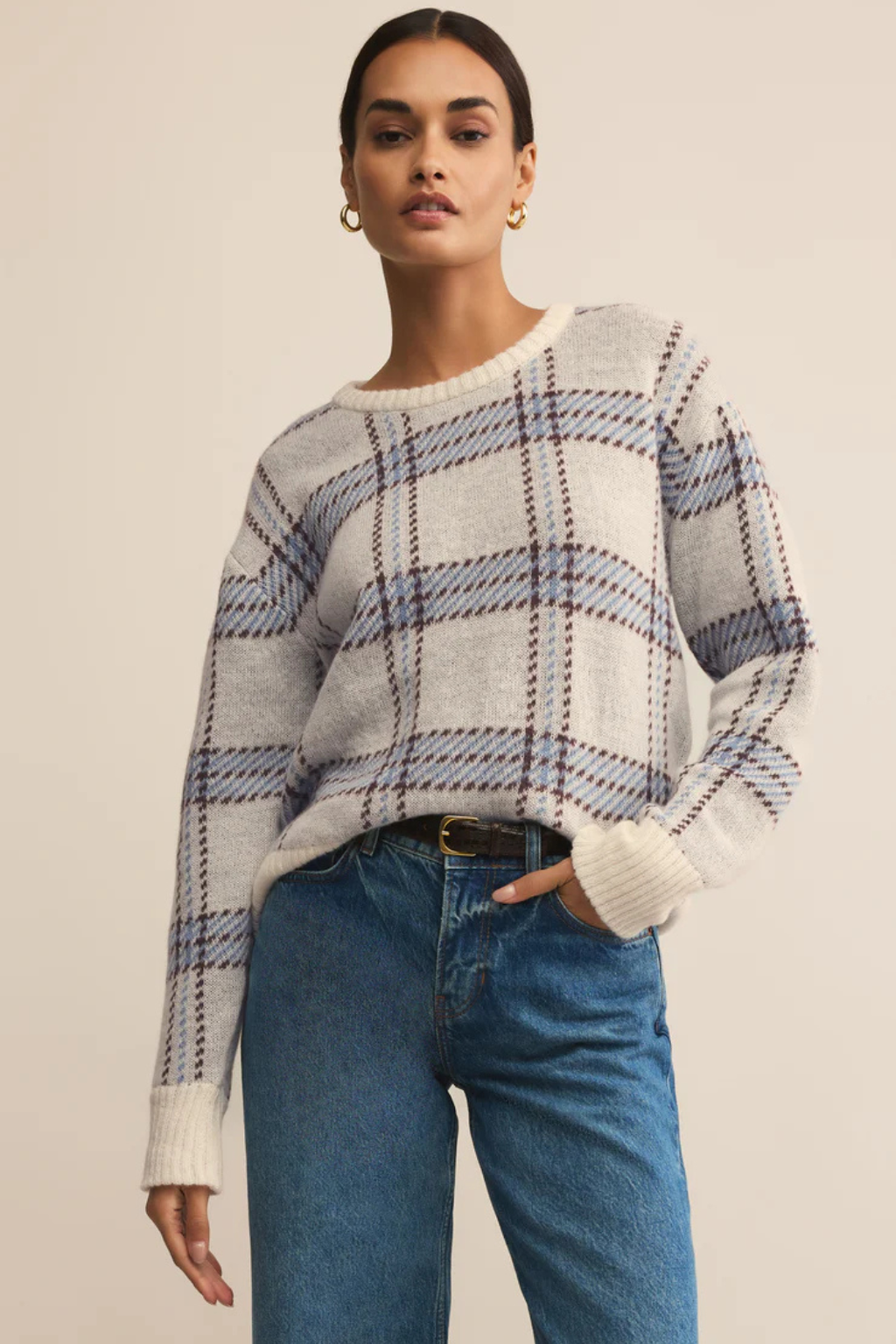 PLAID CREW NECK SWEATER