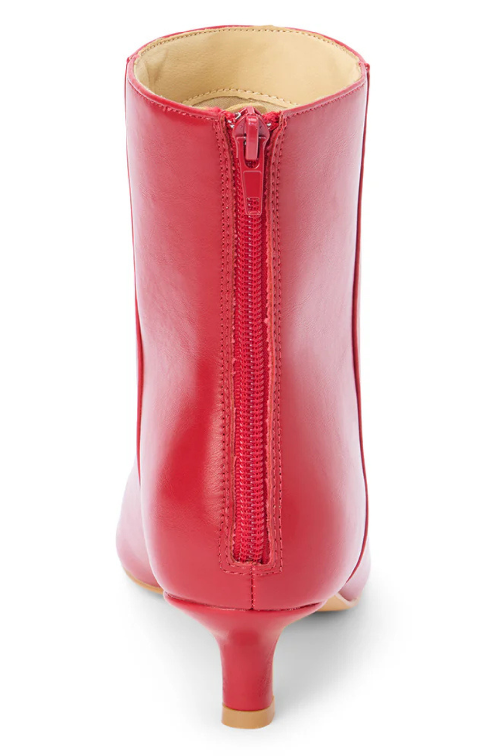 Red ankle boot with a zipper on a white background.