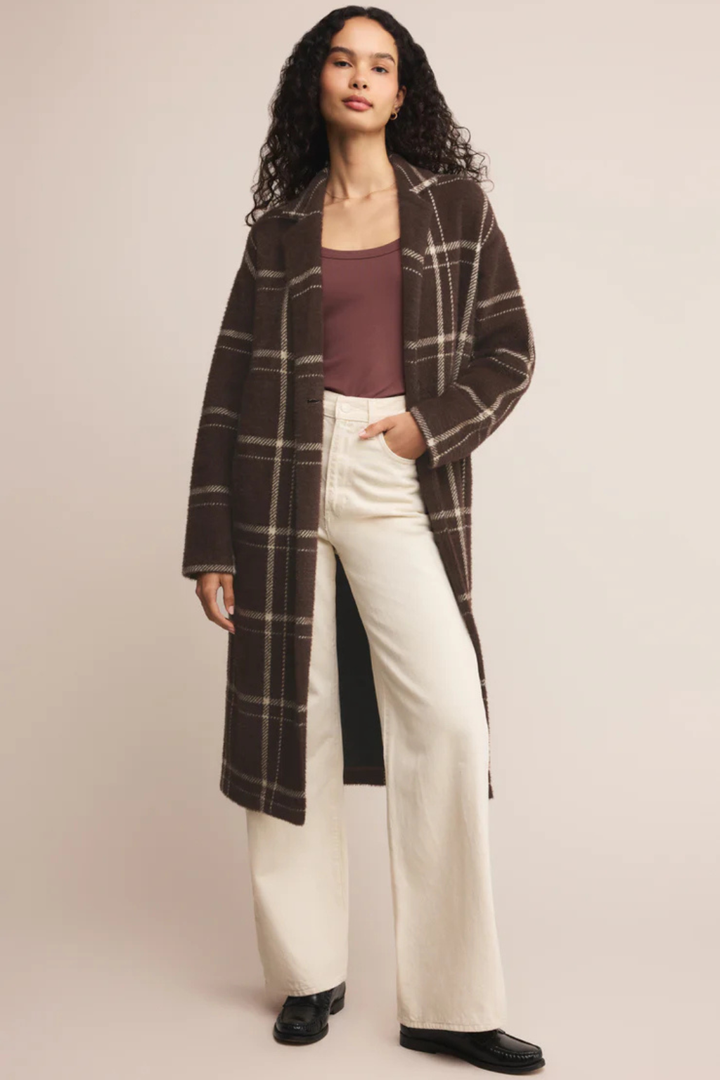 LONG PLAID KNIT COAT