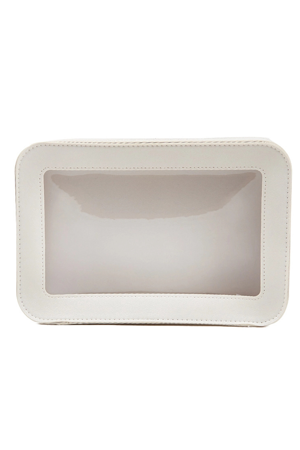Rectangular white dish with a clear makeup bag on a white background.