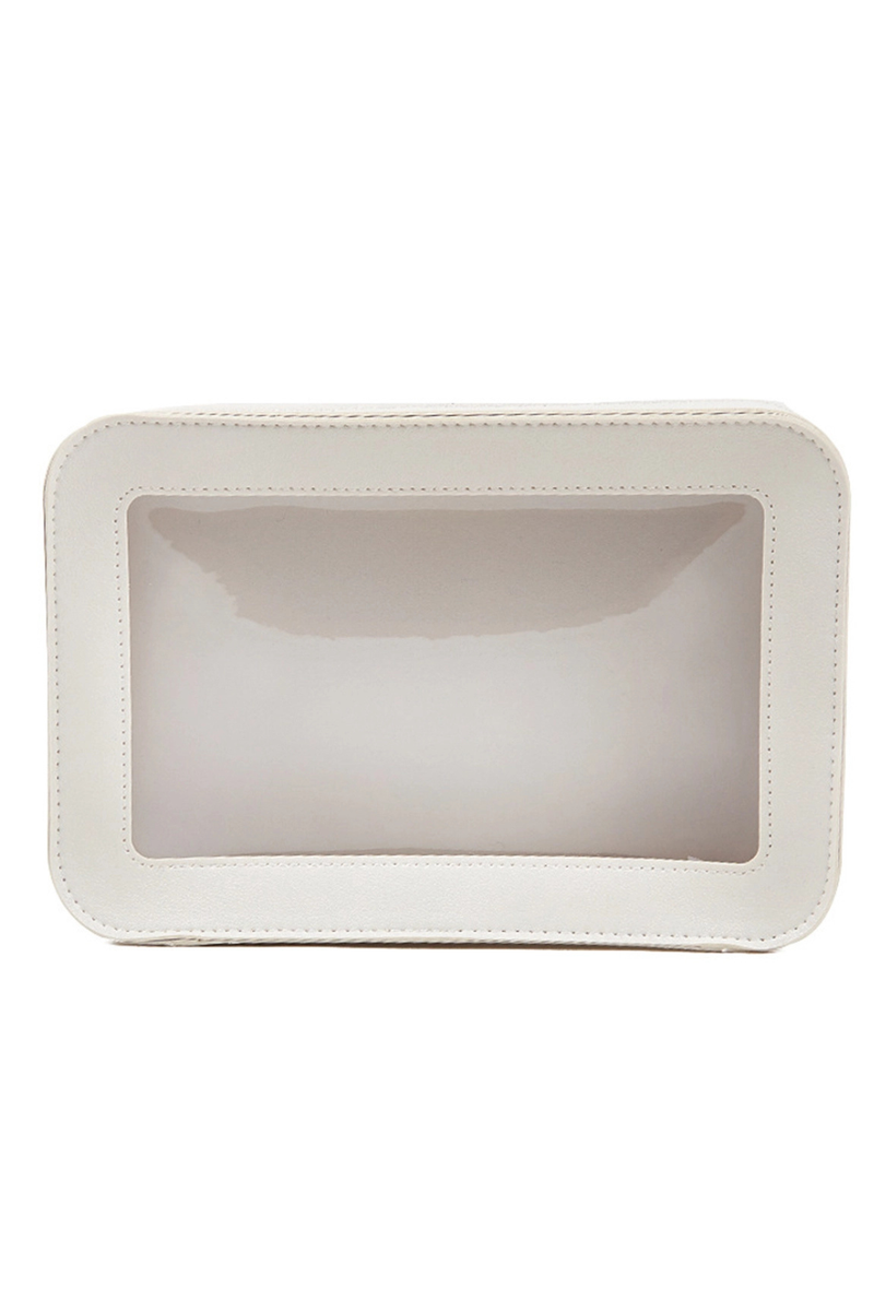 Rectangular white dish with a clear makeup bag on a white background.