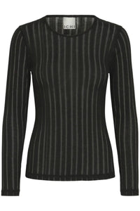 Black ribbed sweater with long sleeves on a white background.