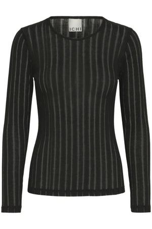 Black ribbed sweater with long sleeves on a white background.