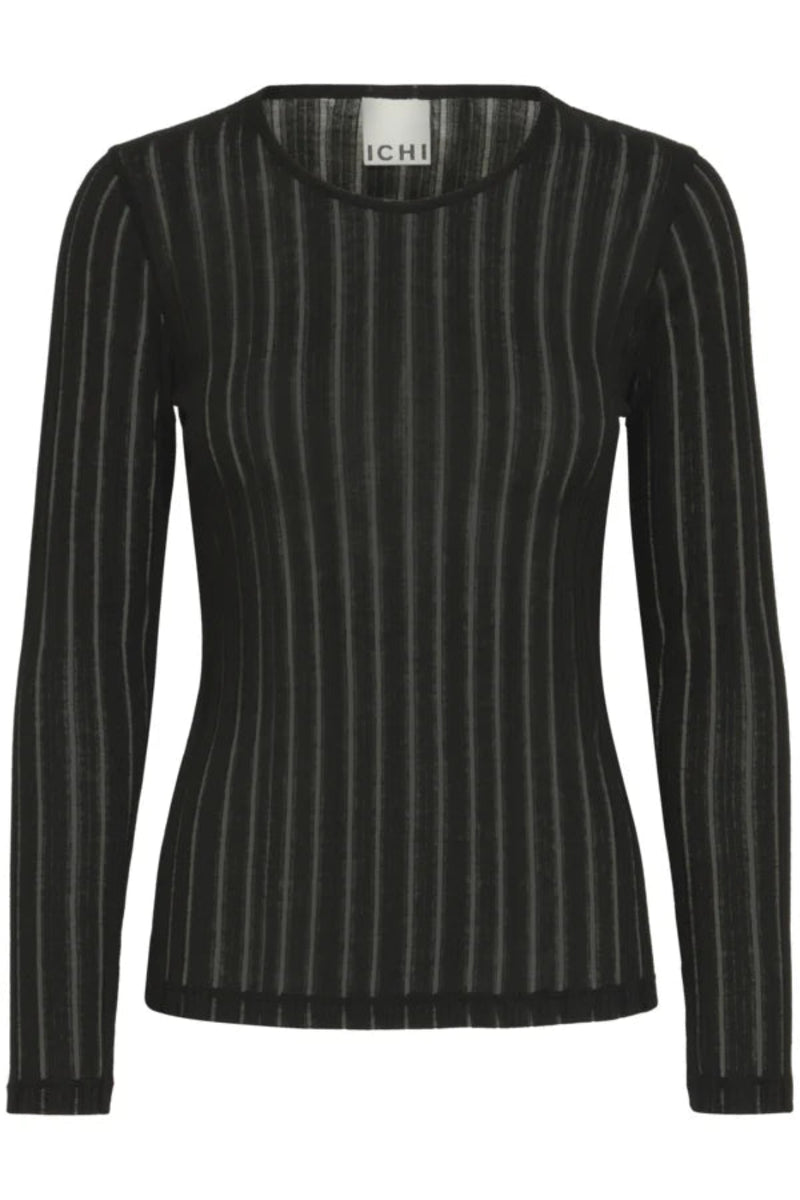 Black ribbed sweater with long sleeves on a white background.