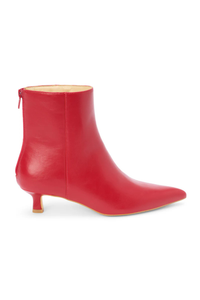 Red ankle boot with a slight heel on a white background.