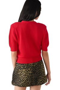 Person wearing a red sweater and leopard print skirt on a white background.