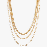 Three gold chain necklaces on a white background.
