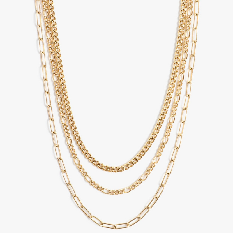 Three gold chain necklaces on a white background.