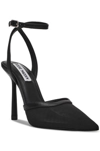Black high-heeled shoe with ankle strap on a white background.