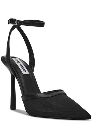 Black high-heeled shoe with ankle strap on a white background.