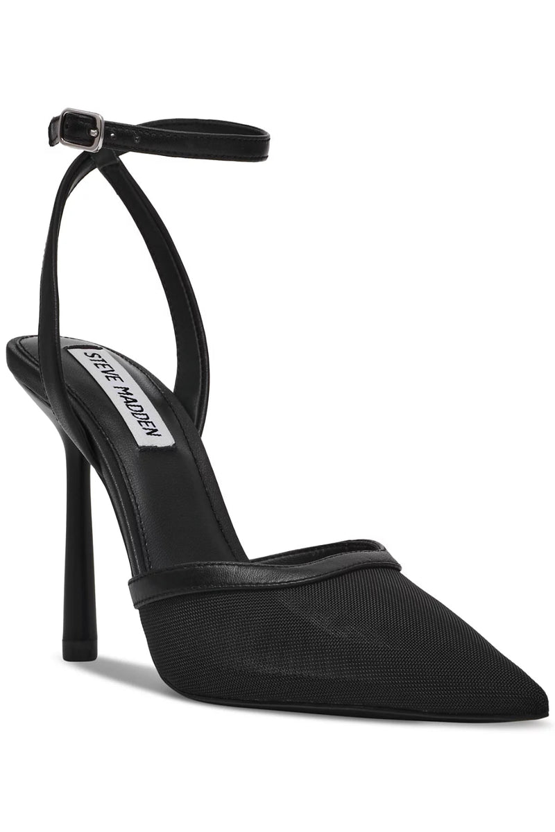 Black high-heeled shoe with ankle strap on a white background.