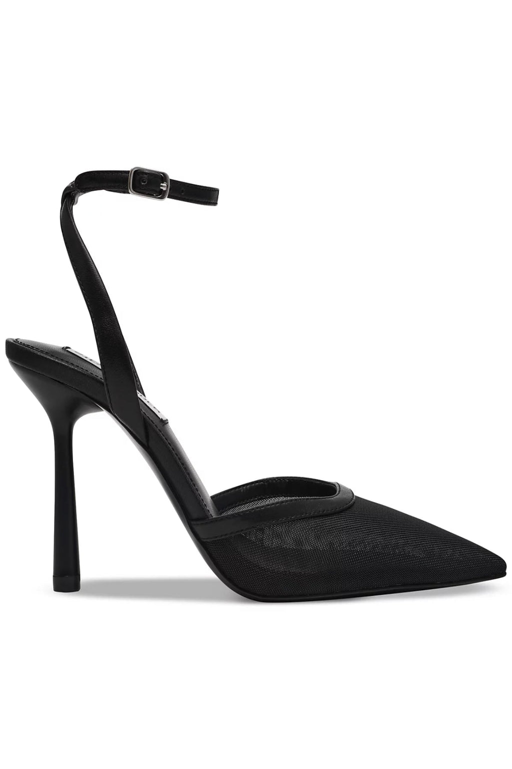 Black high-heeled shoe with a slingback design on a white background.