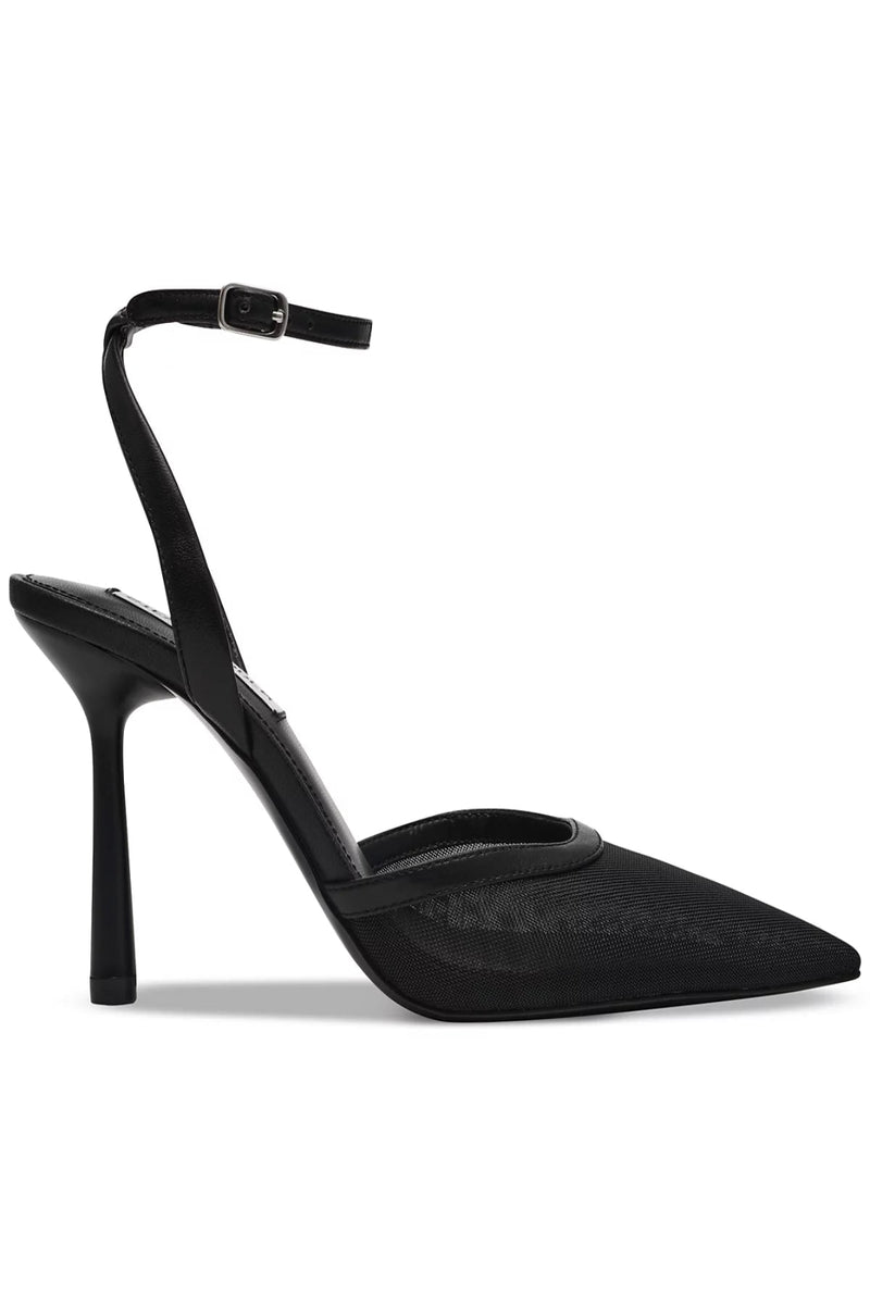 Black high-heeled shoe with a slingback design on a white background.