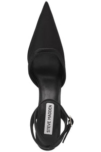 Black high-heeled shoe with pointed toe and ankle strap on a white background, featuring Steve Madden branding.