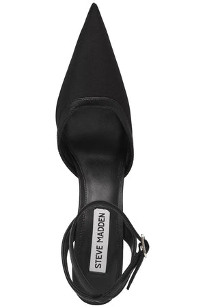 Black high-heeled shoe with pointed toe and ankle strap on a white background, featuring Steve Madden branding.
