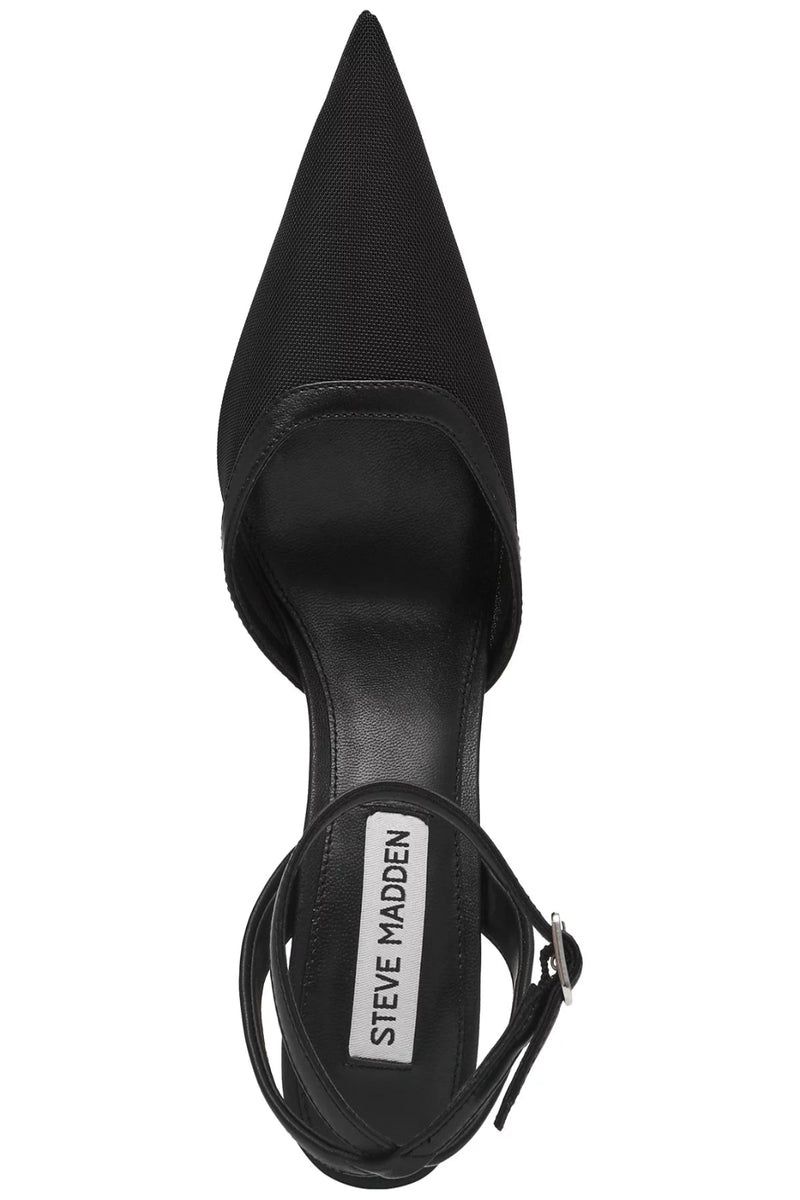 Black high-heeled shoe with pointed toe and ankle strap on a white background, featuring Steve Madden branding.