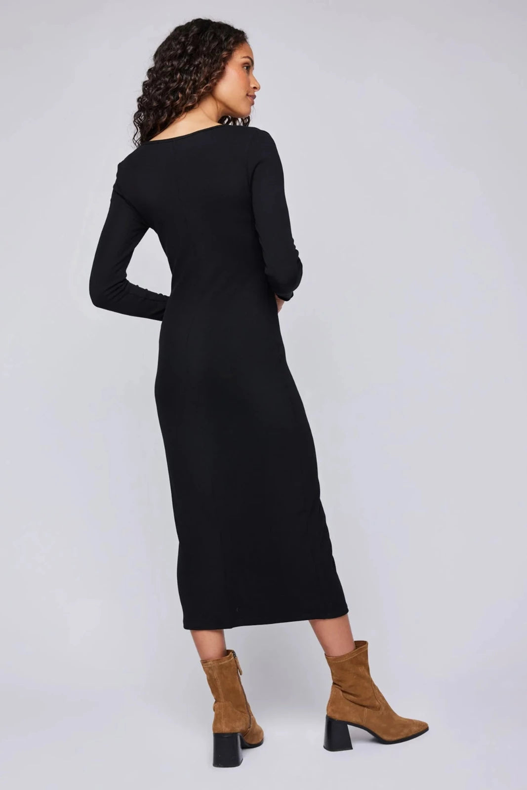 LONG SLEEVE RIBBED MIDI DRESS LARGE / Black