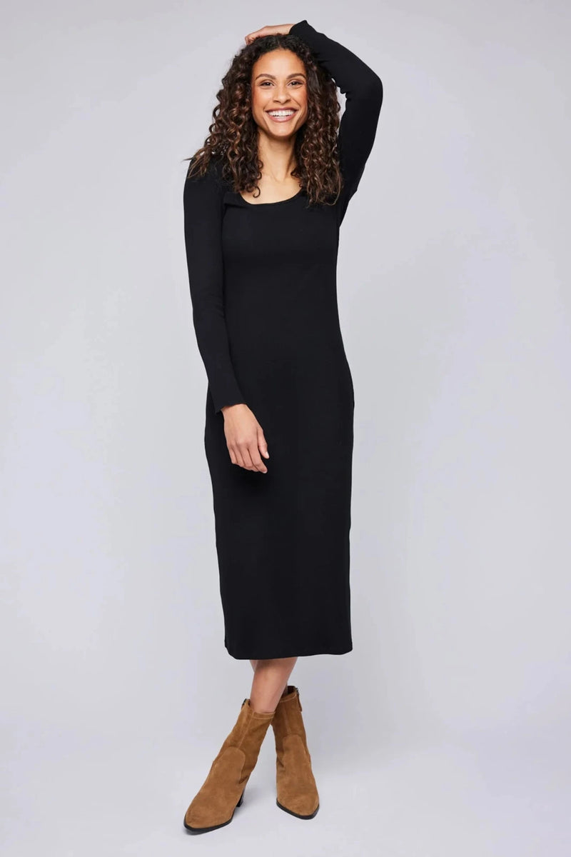 LONG SLEEVE RIBBED MIDI DRESS LARGE / Black LONG SLEEVE RIBBED MIDI DRESS LARGE / Black