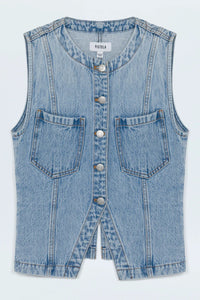A flat lay of a denim shirt vest. 