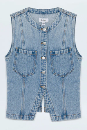 A flat lay of a denim shirt vest. 
