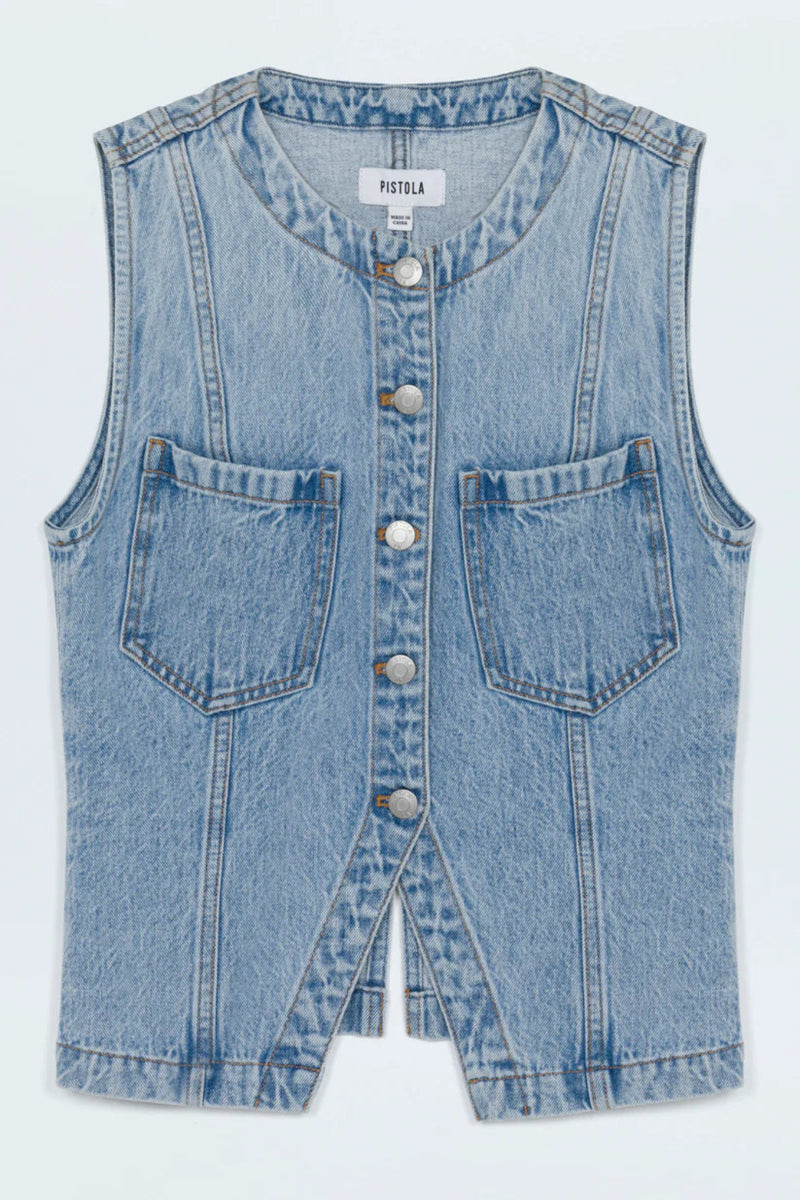 A flat lay of a denim shirt vest. 