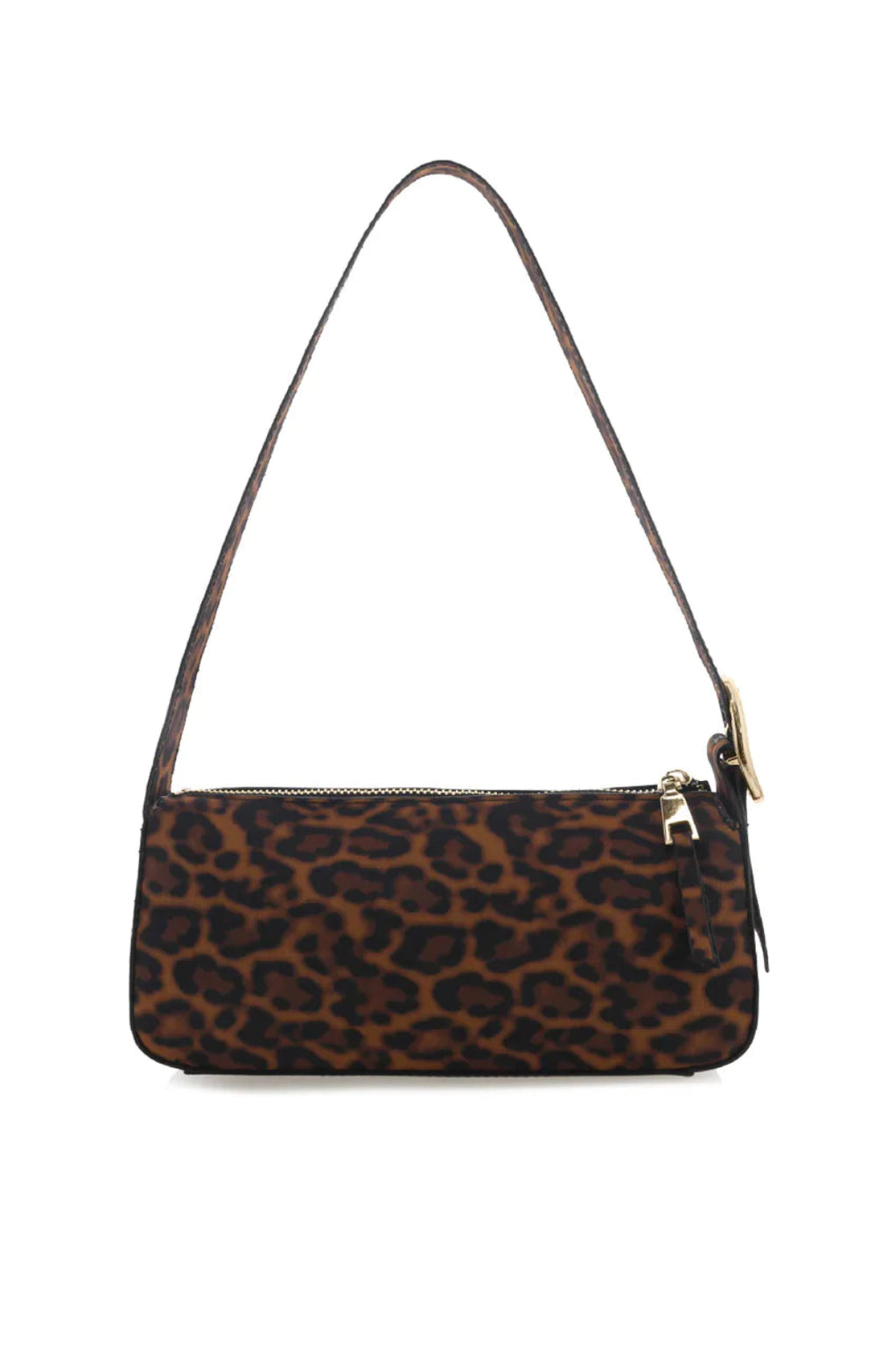 Leopard print handbag with a shoulder strap on a white background.