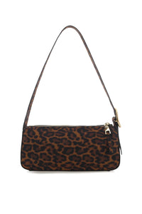 Leopard print handbag with a shoulder strap on a white background.