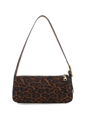 Leopard print handbag with a shoulder strap on a white background.