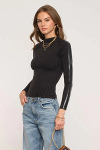 LEATHER SLEEVE RIBBED SWEATER