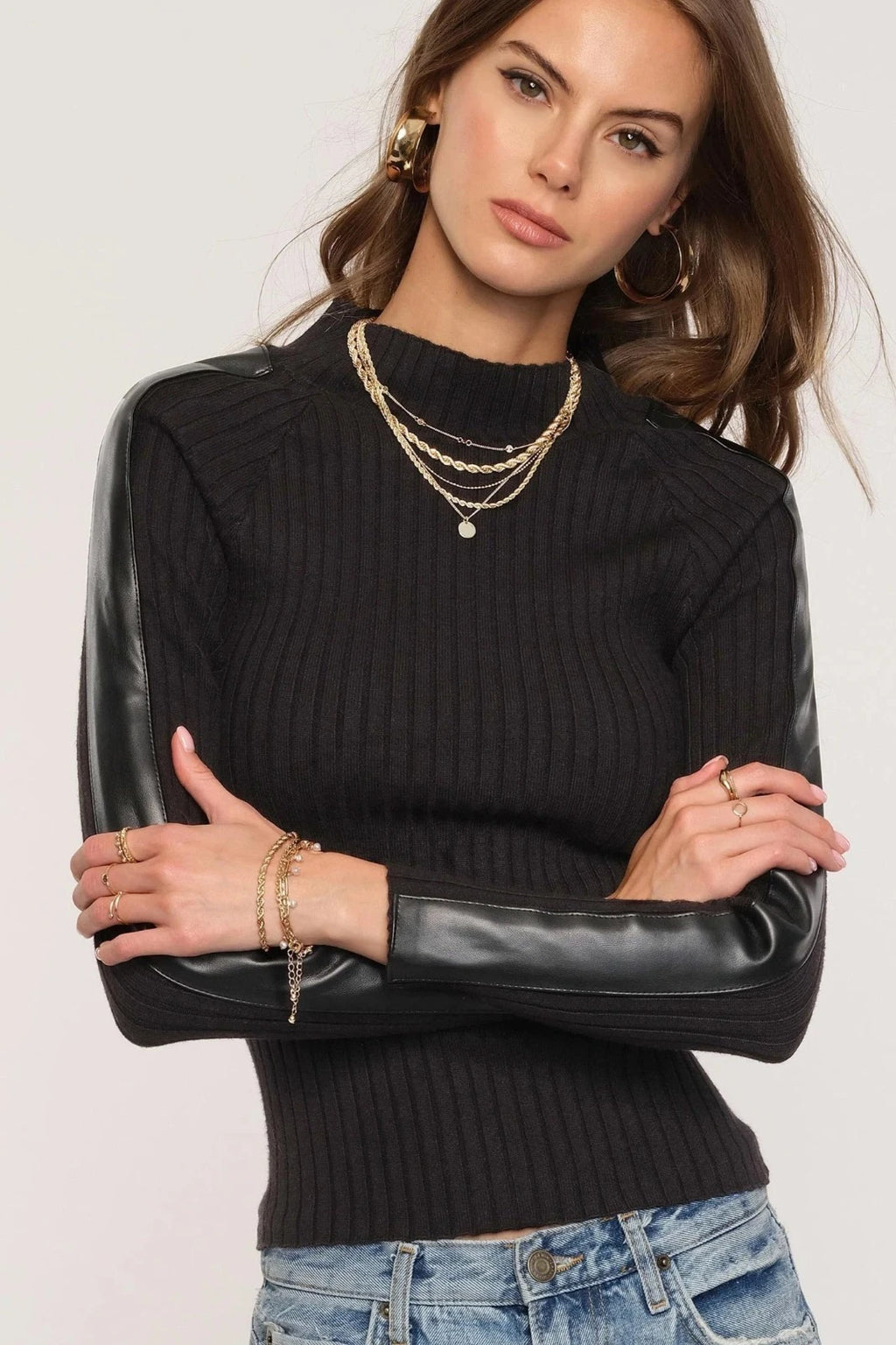 LEATHER SLEEVE RIBBED SWEATER