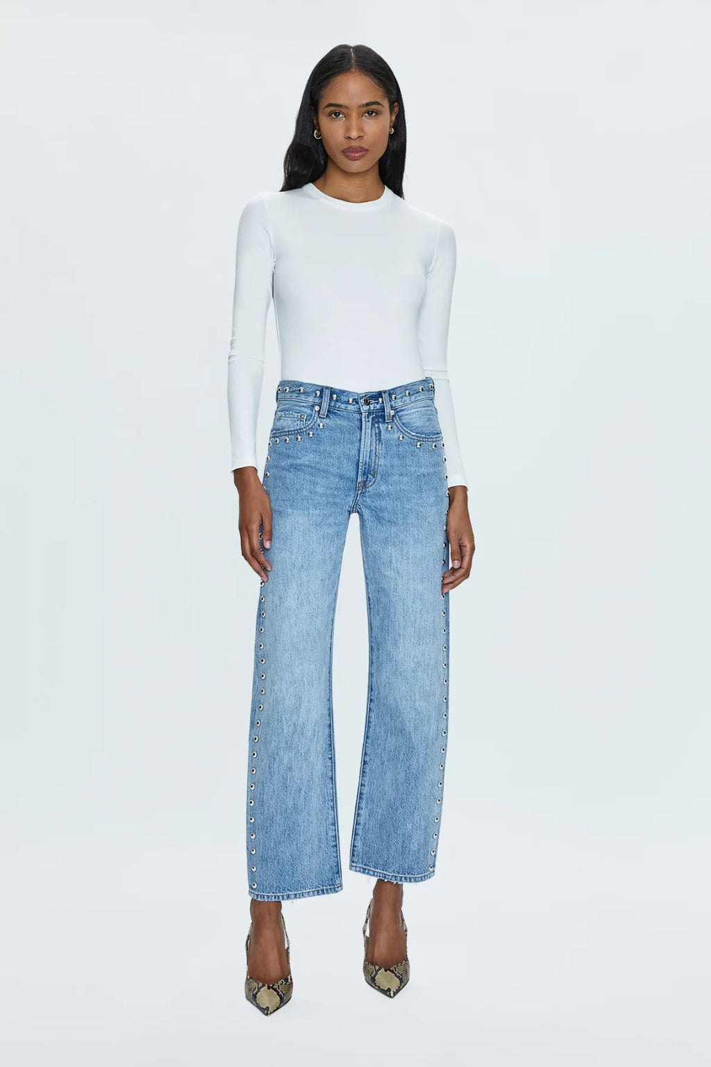 pistola lexi mid rise bowed straight jeans with studs