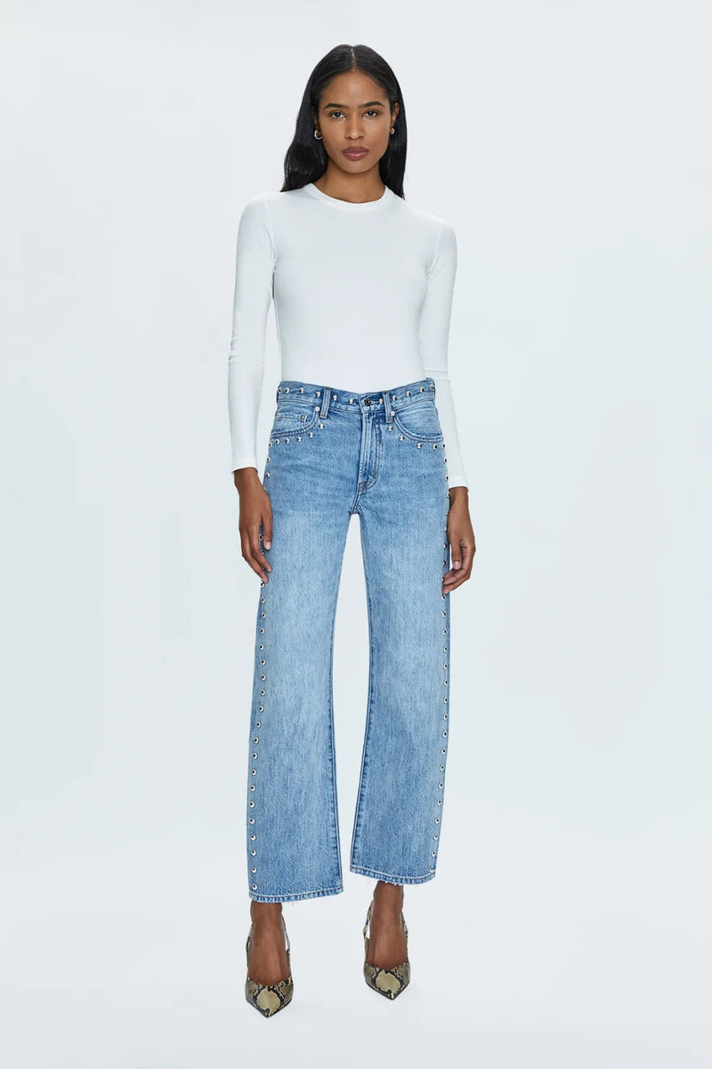 pistola lexi mid rise bowed straight jeans with studs