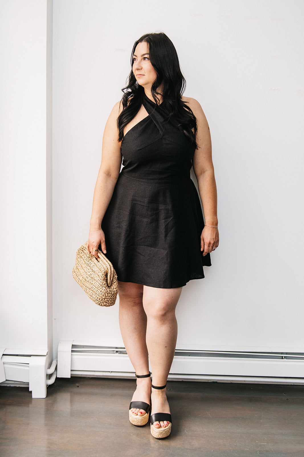 black wrap cocktail dress Black Stretch Spaghetti Faux Wrap Dress S
