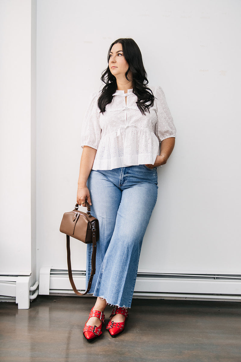 EYELET TIE FRONT BLOUSE
