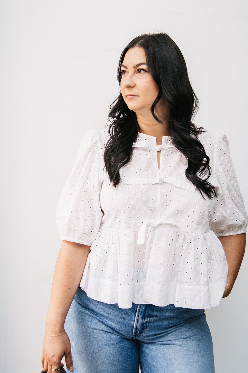 EYELET TIE FRONT BLOUSE