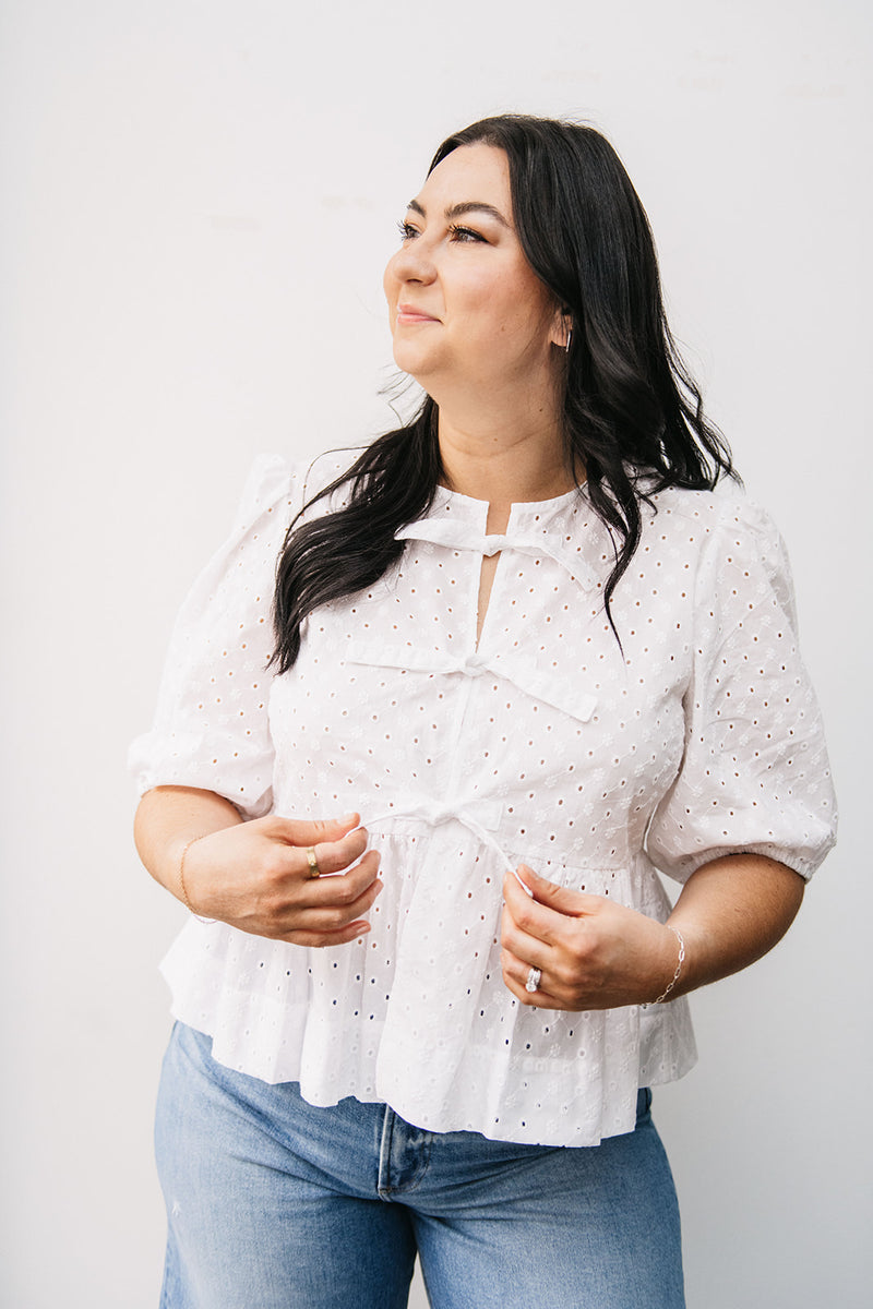 EYELET TIE FRONT BLOUSE