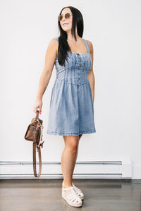 PLEATED BODICE DENIM DRESS