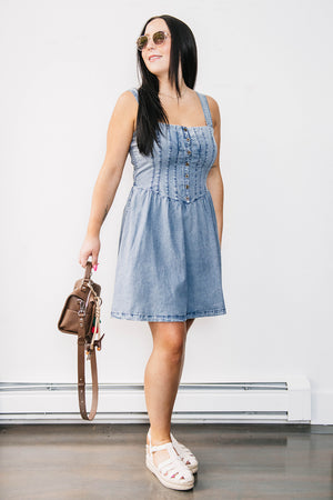 PLEATED BODICE DENIM DRESS