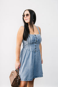PLEATED BODICE DENIM DRESS