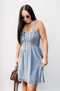 PLEATED BODICE DENIM DRESS