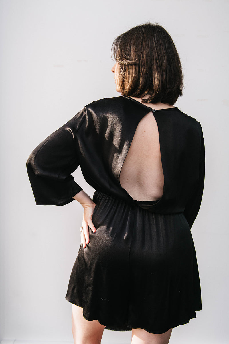 black satin romper dress Cocktail Hour Pleated Satin Romper in Black