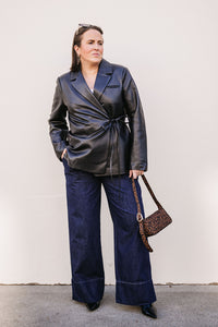 TIE FRONT FAUX LEATHER BLAZER