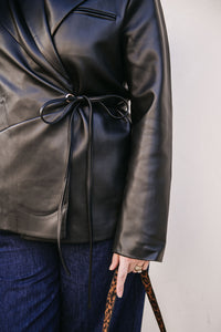 TIE FRONT FAUX LEATHER BLAZER