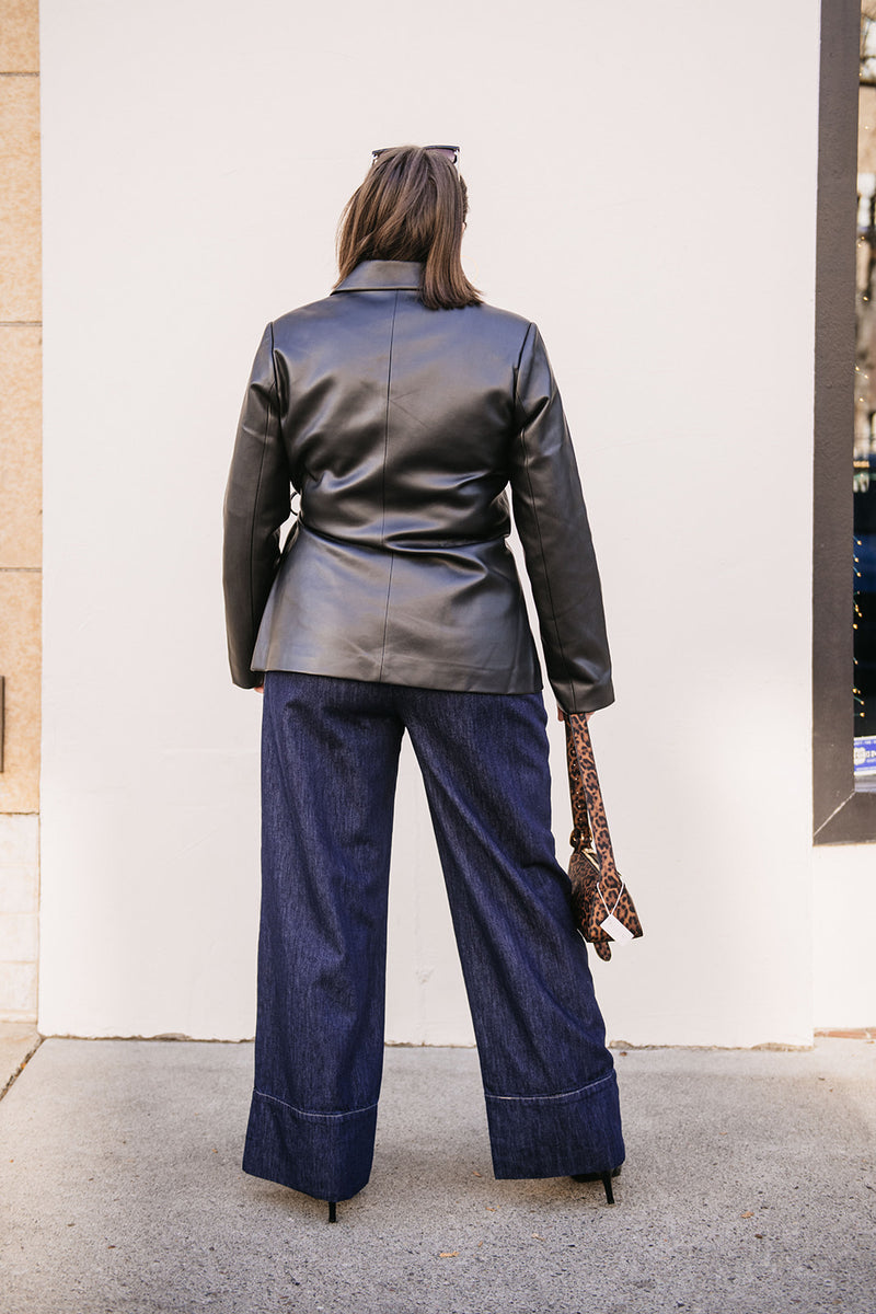 TIE FRONT FAUX LEATHER BLAZER