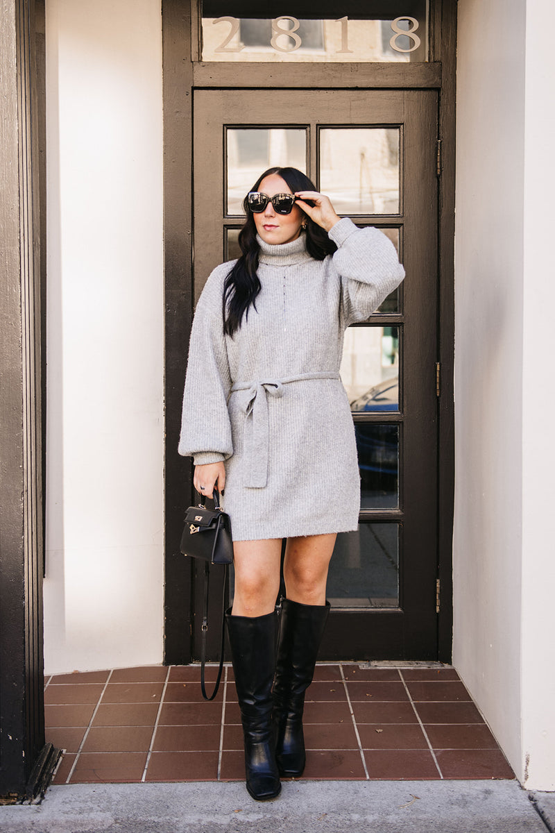 TURTLENECK TIE WAIST DRESS