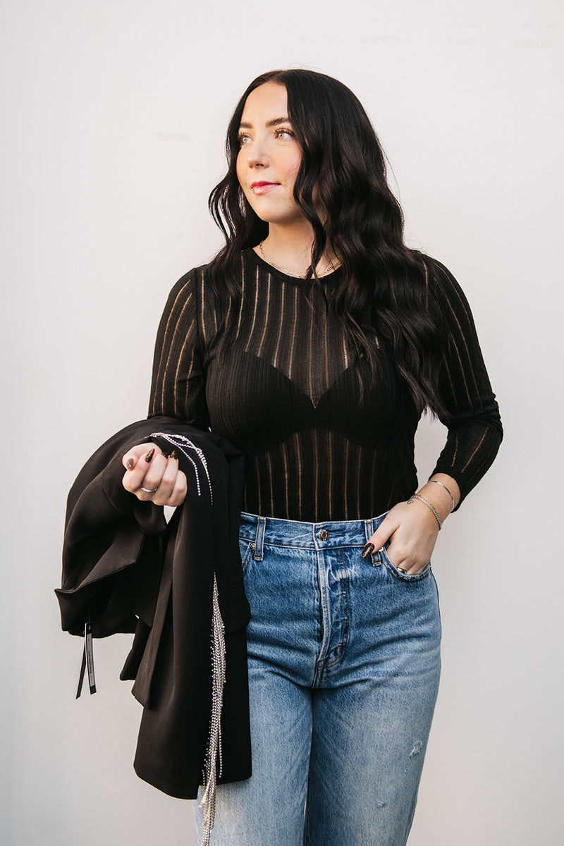 MESH STRIPE LONG SLEEVE TOP