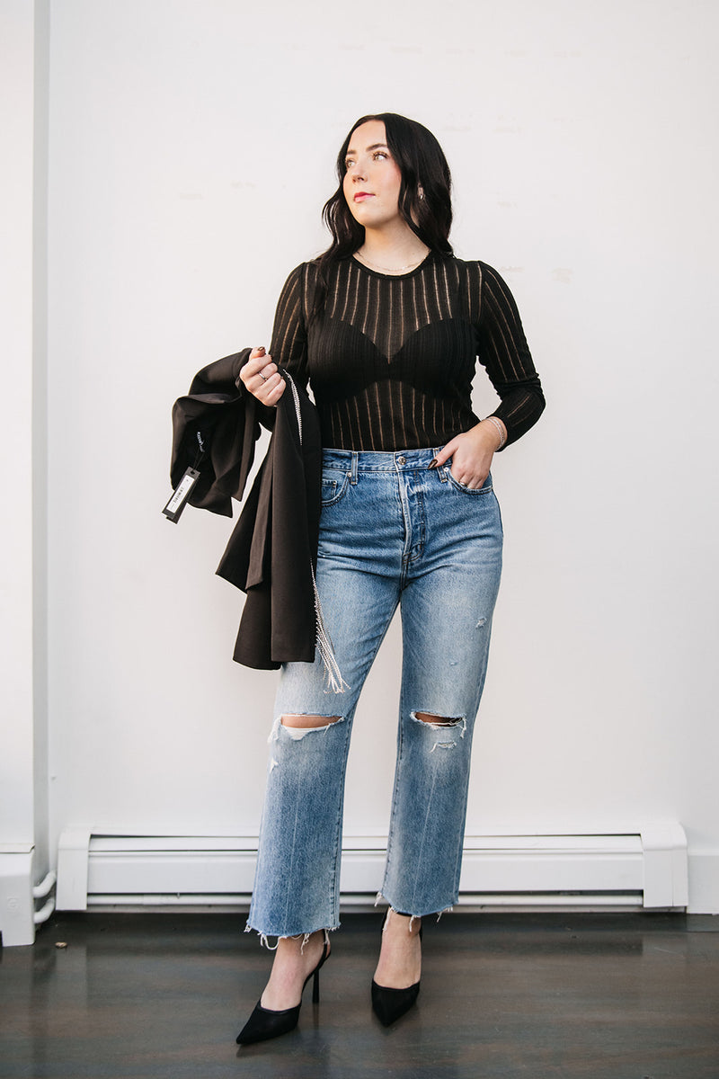 MESH STRIPE LONG SLEEVE TOP