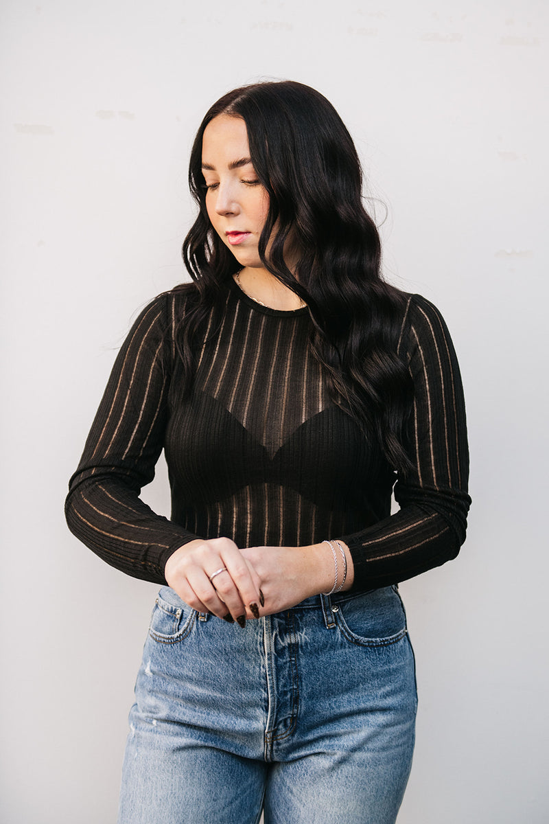MESH STRIPE LONG SLEEVE TOP