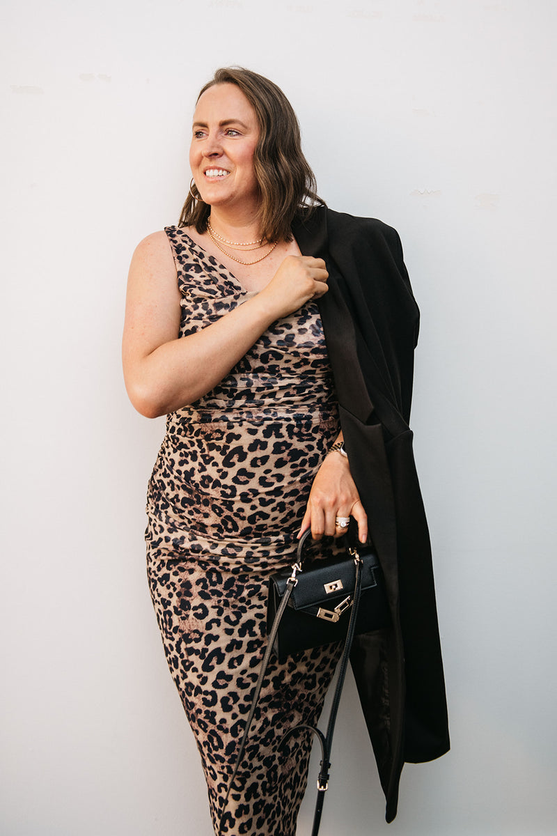 RUCHED LEOPARD DRESS