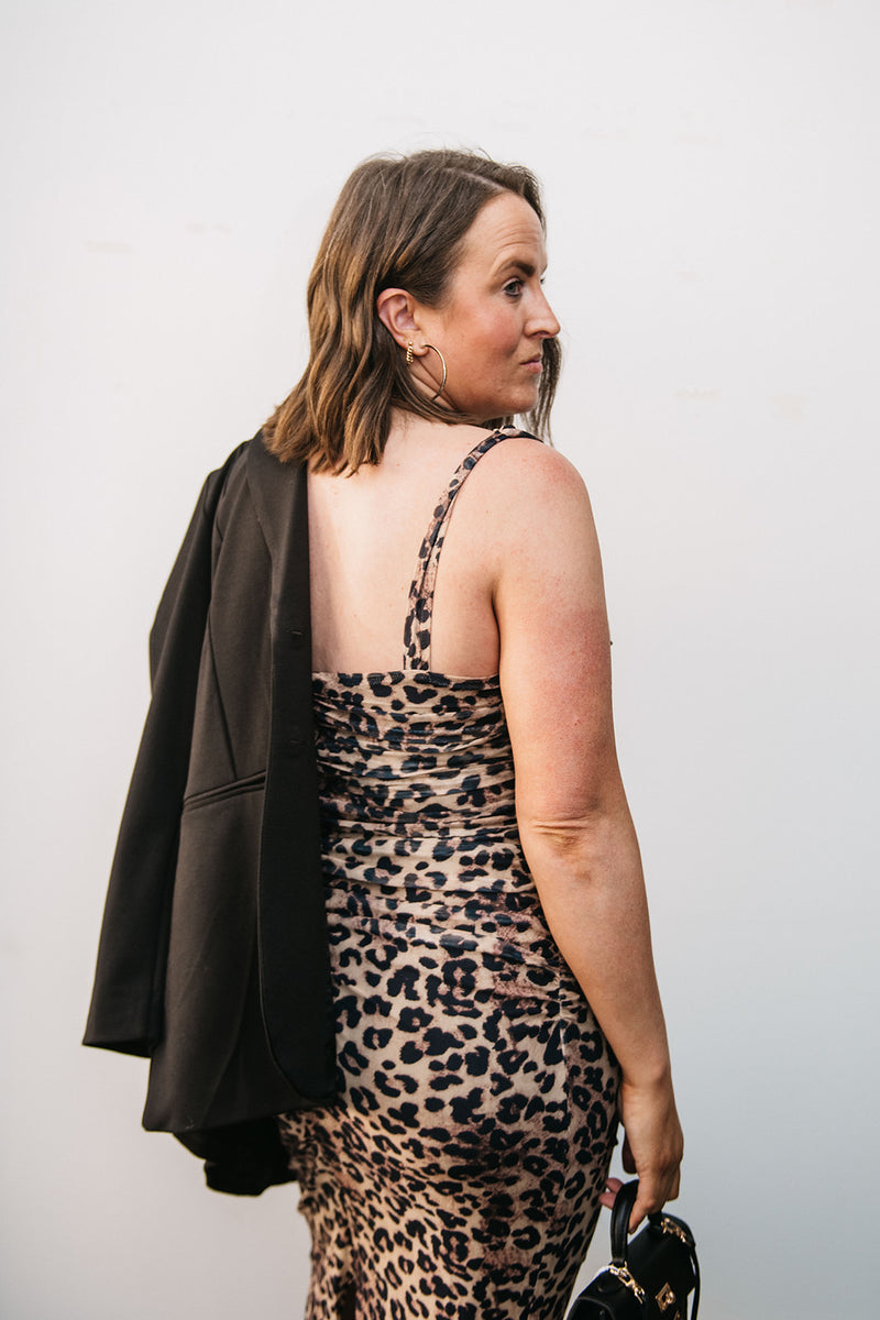 dress ruche leopard Ruched Leopard Mesh Fish Tale Midi Dress